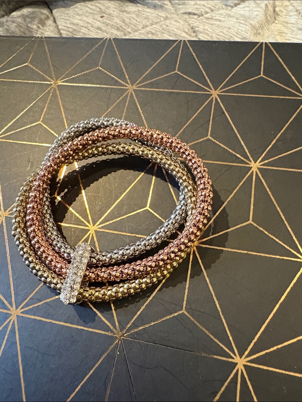 Tri-Tone Crystal Mesh Wrap Bracelet - Rose Gold, Silver & Gold